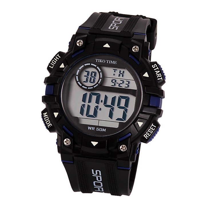 Ceas barbatesc Tiko Time, material plastic, mecanism quartz, culoare neagra, afisaj LCD