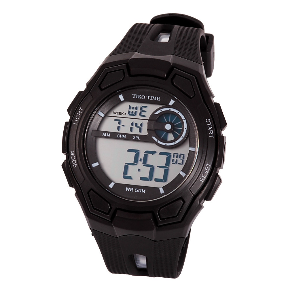 Ceas barbatesc Tiko Time, material plastic, mecanism quartz, carcasa si bratara neagra, afisaj LCD