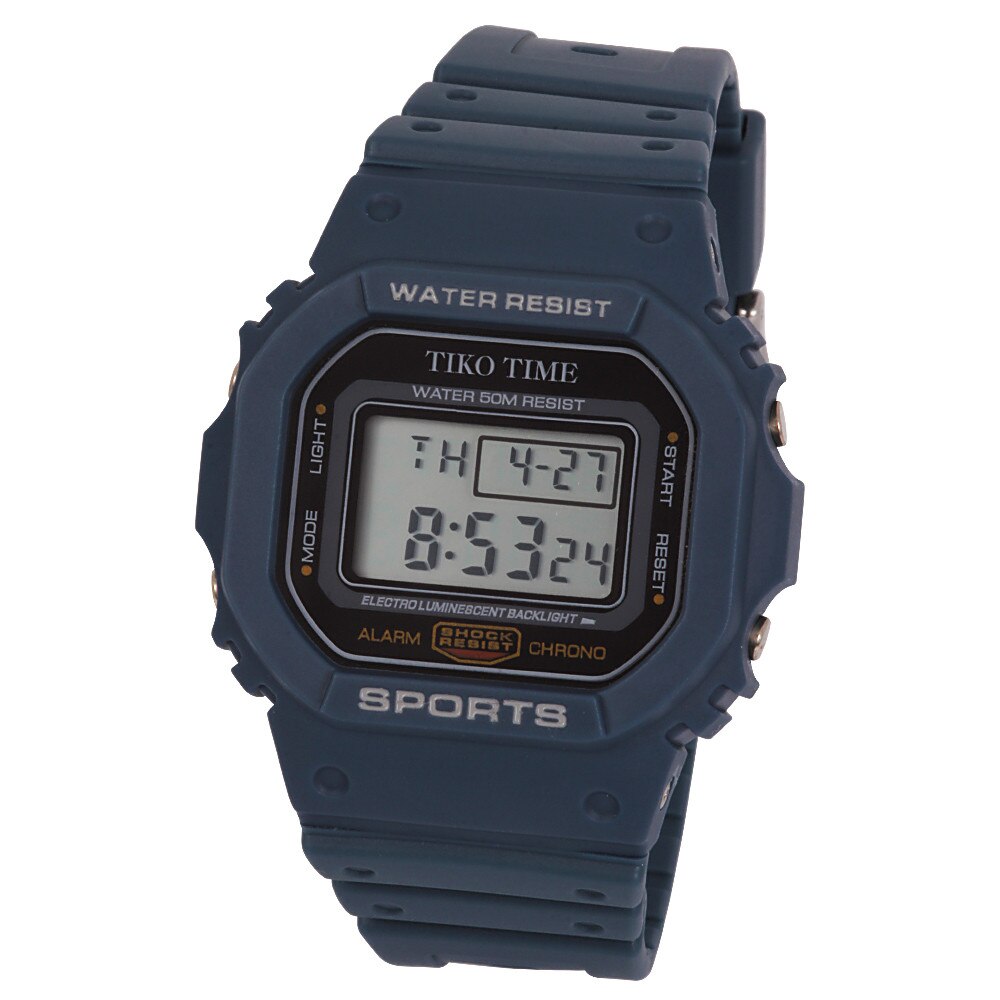Ceas barbatesc Tiko Time, material plastic, mecanism quartz, carcasa si bratara albastra, afisaj LCD