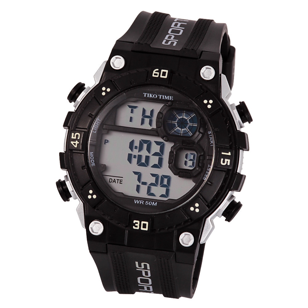 Ceas barbatesc Tiko Time, material plastic, mecanism quartz, carcasa si bratara neagra, afisaj LCD