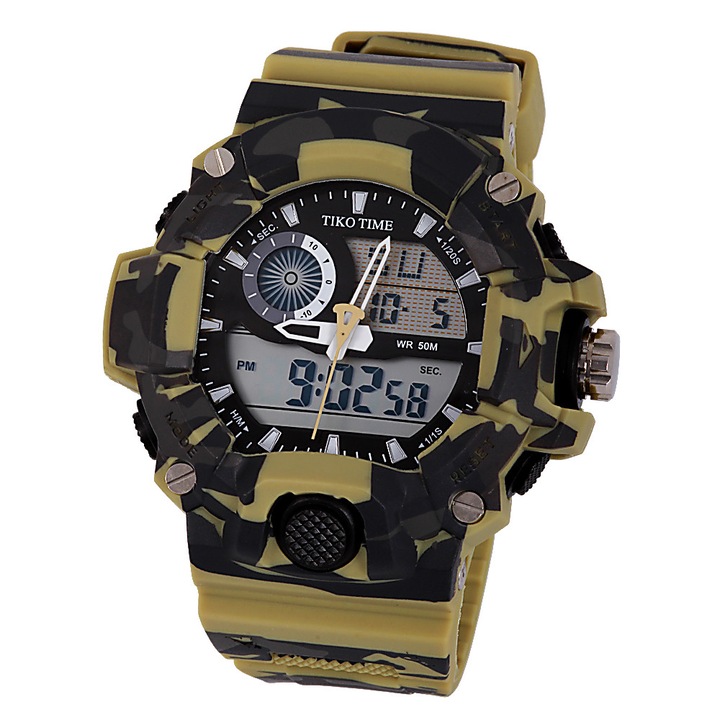 Ceas barbatesc Tiko Time, material plastic, mecanism quartz, culoare camuflaj maro, afisaj LCD