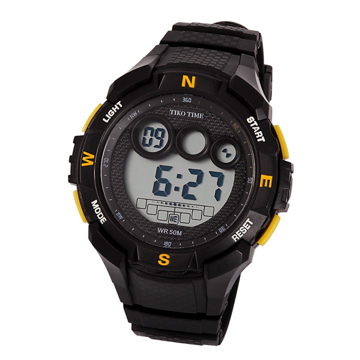 Ceas barbatesc Tiko Time, material plastic, mecanism quartz, carcasa si bratara neagra, afisaj LCD
