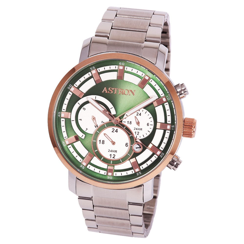 Ceas barbatesc ASTRON, mecanism quartz, carcasa argintie cu rosegold, bratara argintie, cadran verde