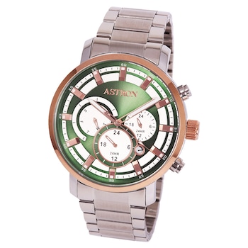 Ceas barbatesc ASTRON, mecanism quartz, carcasa argintie cu rosegold, bratara argintie, cadran verde Ceas barbatesc ASTRON, mecanism quartz, carcasa argintie cu rosegold, bratara argintie, cadran verde