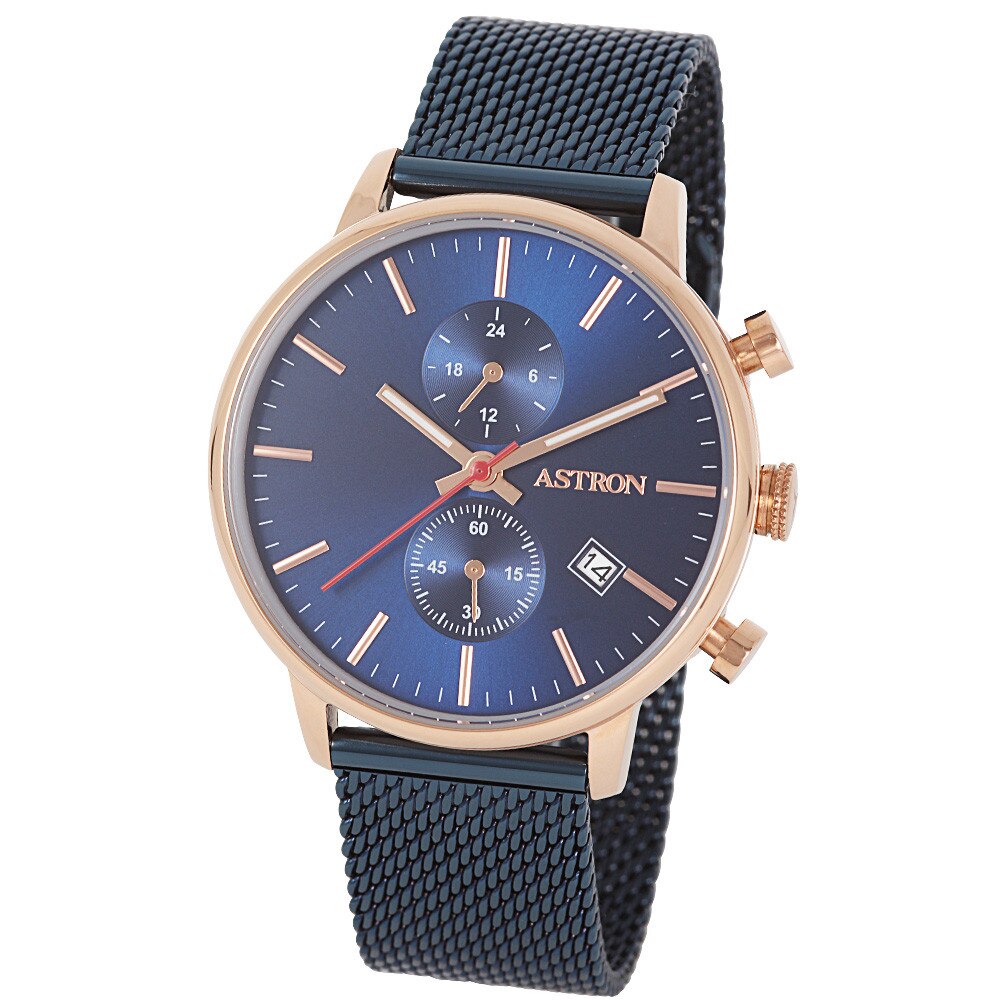 Ceas barbatesc ASTRON, mecanism quartz, carcasa culoare rosegold, bratara albastra, cadran albastru