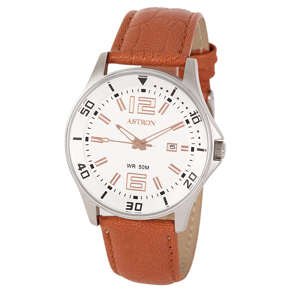 Ceas barbatesc ASTRON, mecanism quartz, carcasa argintie, curea maro, cadran alb