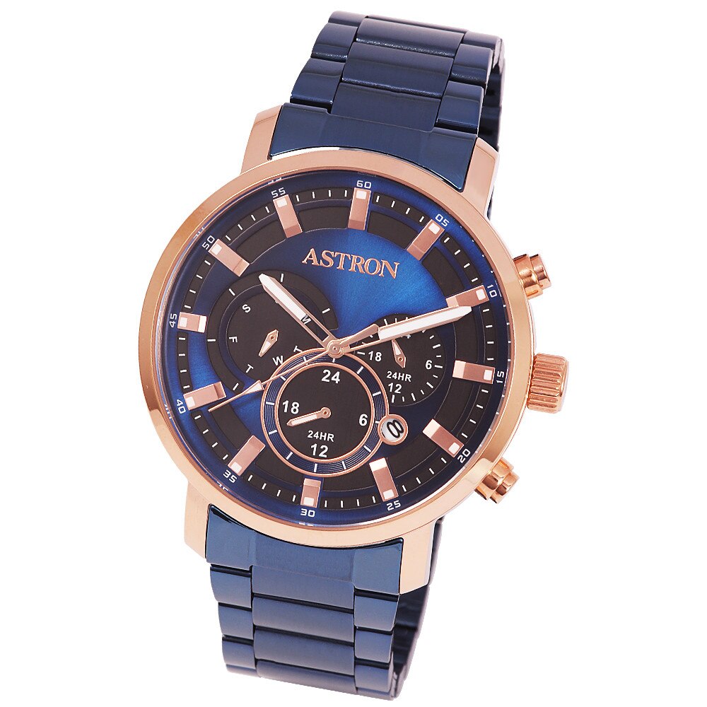 Ceas barbatesc ASTRON, mecanism quartz, carcasa culoare rosegold, bratara albastra, cadran albastru