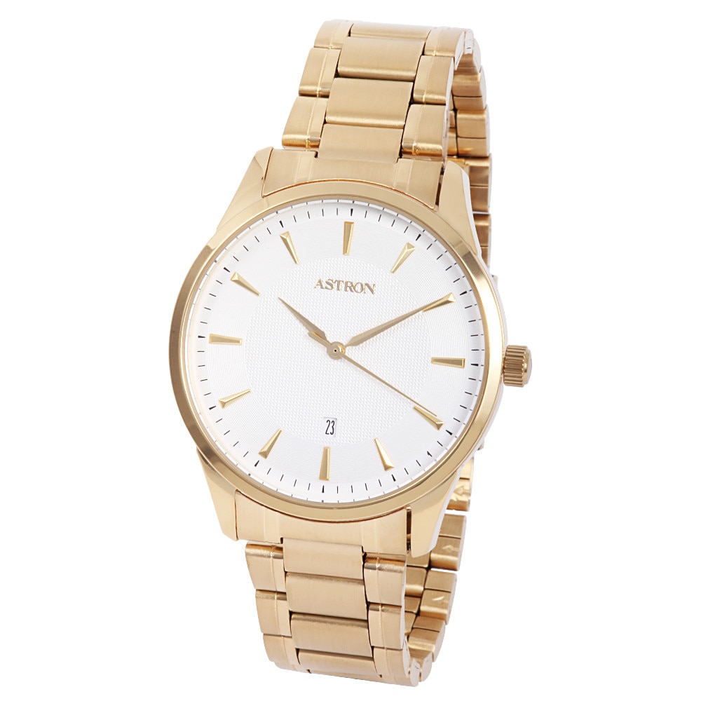 Ceas barbatesc ASTRON, mecanism quartz, carcasa si bratara aurie, cadran alb