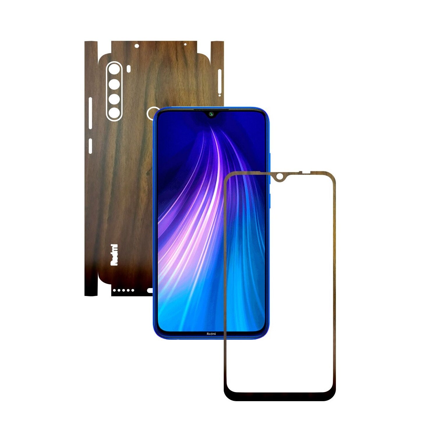 Folie Protectie Carbon Skinz pentru Xiaomi Redmi Note 8 - Lemn Nuc 360 Cut, Skin Adeziv Full Body Cover pentru Rama Ecran, Carcasa Spate si Laterale