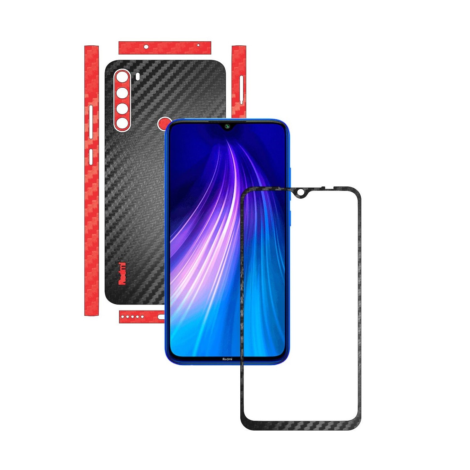 Folie Protectie Carbon Skinz pentru Xiaomi Redmi Note 8 - Carbon Two Tone Negru / Rosu, Skin Adeziv Full Body Cover pentru Rama Ecran, Carcasa Spate si Laterale