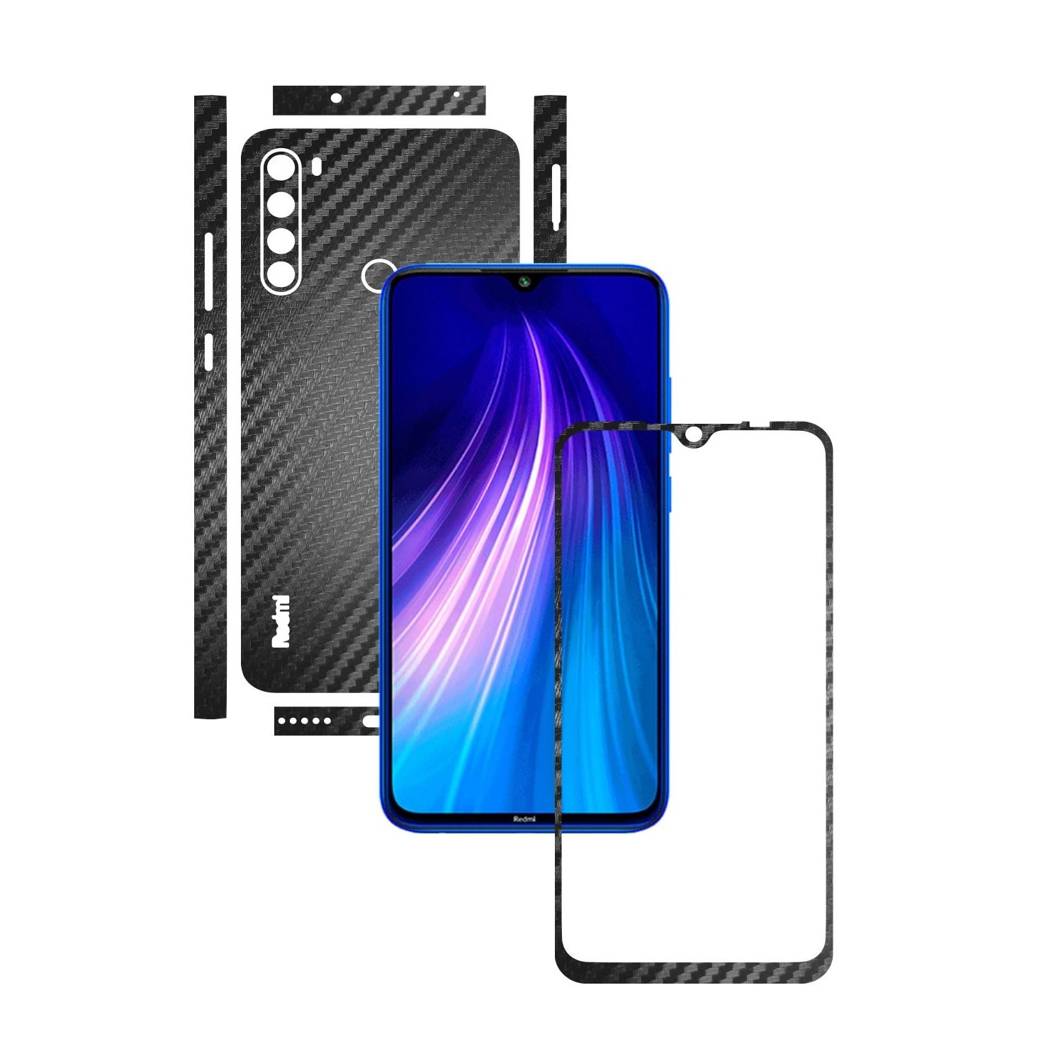 Folie Protectie Carbon Skinz pentru Xiaomi Redmi Note 8 - Carbon Negru Split Cut, Skin Adeziv Full Body Cover pentru Rama Ecran, Carcasa Spate si Laterale