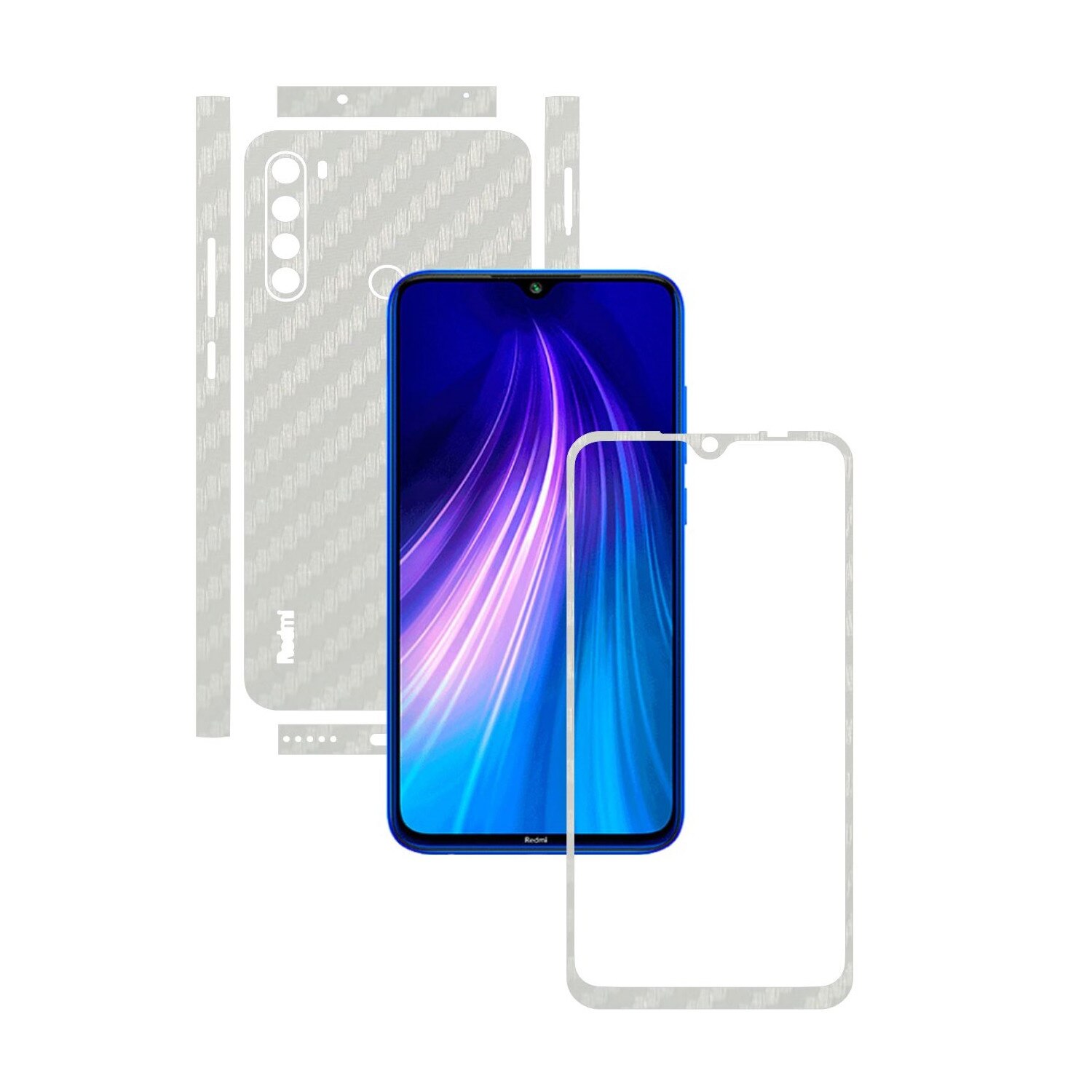 Folie Protectie Carbon Skinz pentru Xiaomi Redmi Note 8 - Carbon Alb Split Cut, Skin Adeziv Full Body Cover pentru Rama Ecran, Carcasa Spate si Laterale