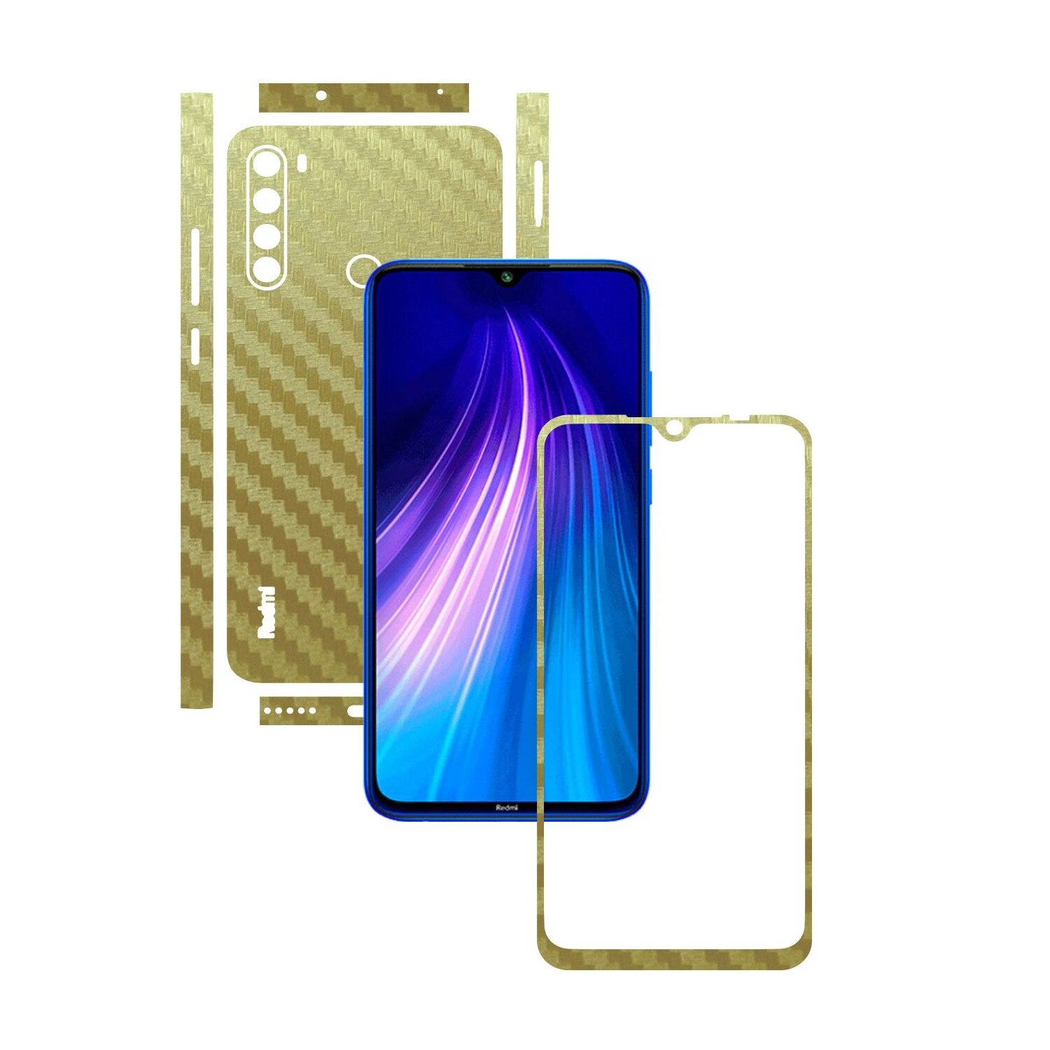 Folie Protectie Carbon Skinz pentru Xiaomi Redmi Note 8 - Carbon Auriu Split Cut, Skin Adeziv Full Body Cover pentru Rama Ecran, Carcasa Spate si Laterale