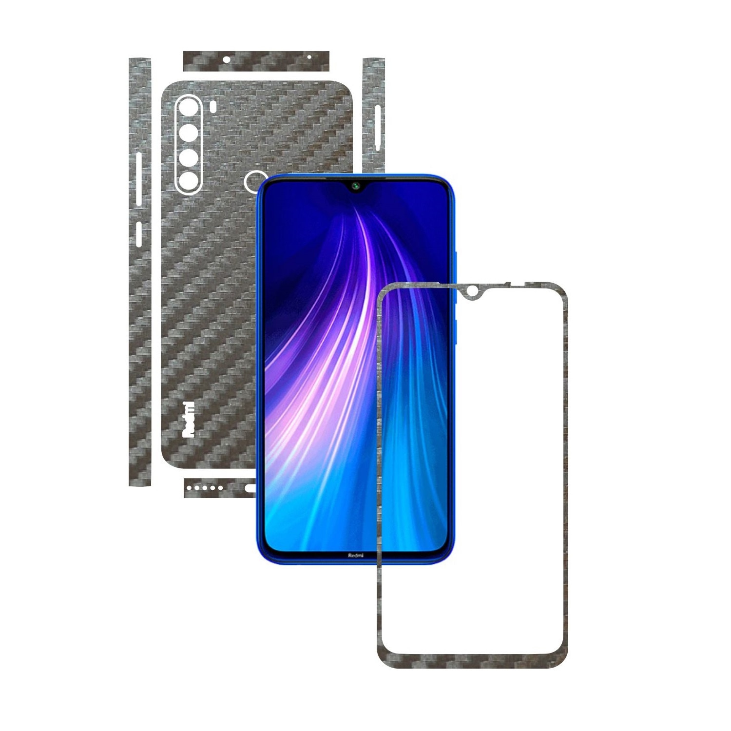 Folie Protectie Carbon Skinz pentru Xiaomi Redmi Note 8 - Carbon Gri Argintiu Split Cut, Skin Adeziv Full Body Cover pentru Rama Ecran, Carcasa Spate si Laterale