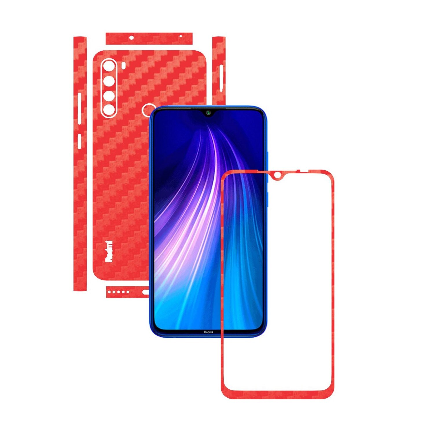 Folie Protectie Carbon Skinz pentru Xiaomi Redmi Note 8 - Carbon Rosu Split Cut, Skin Adeziv Full Body Cover pentru Rama Ecran, Carcasa Spate si Laterale