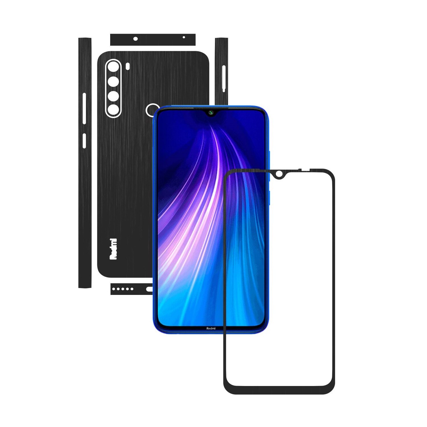 Folie Protectie Carbon Skinz pentru Xiaomi Redmi Note 8 - Brushed Negru Split Cut, Skin Adeziv Full Body Cover pentru Rama Ecran, Carcasa Spate si Laterale