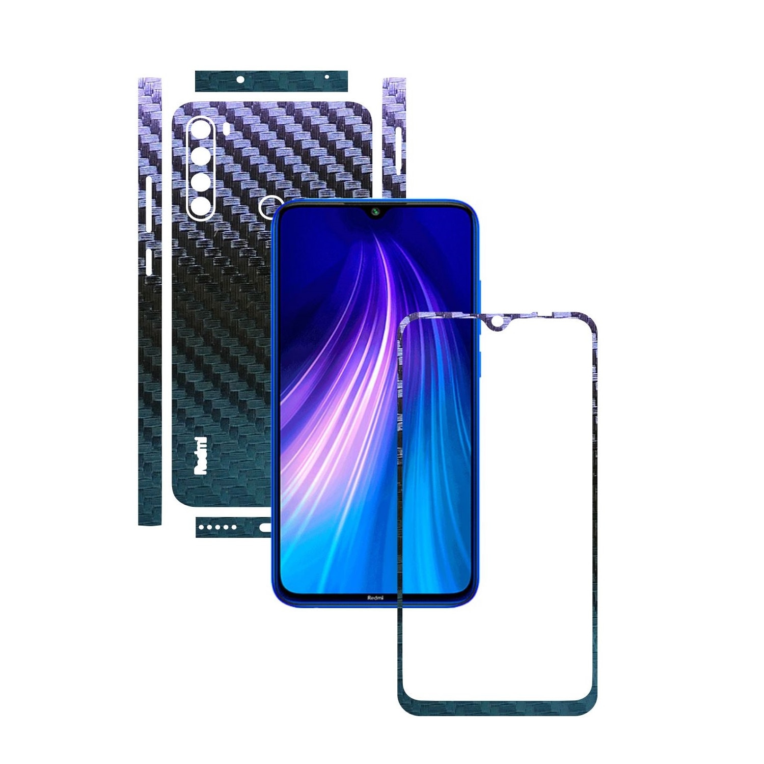 Folie Protectie Carbon Skinz pentru Xiaomi Redmi Note 8 - Carbon Cameleon Split Cut, Skin Adeziv Full Body Cover pentru Rama Ecran, Carcasa Spate si Laterale