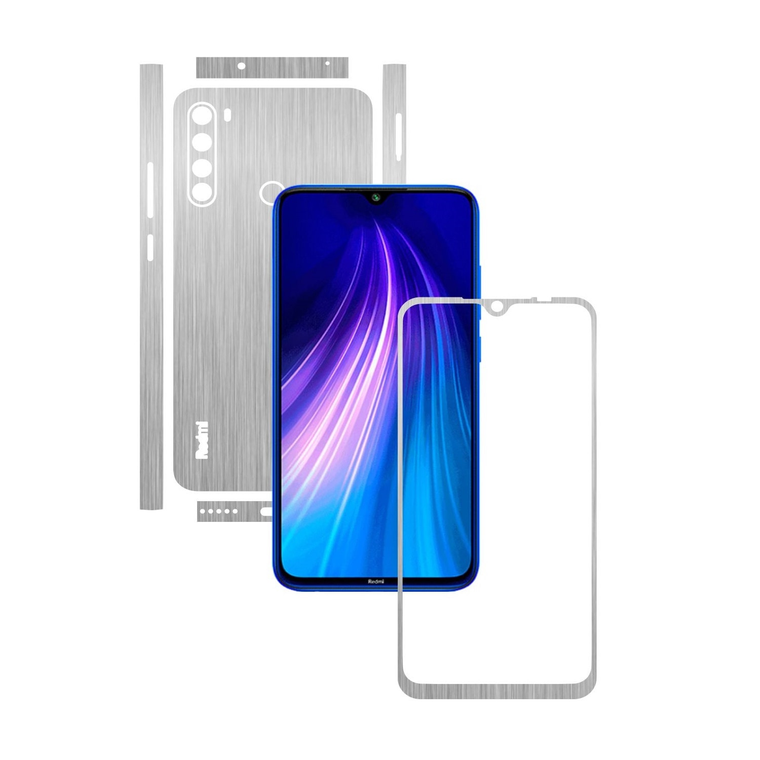 Folie Protectie Carbon Skinz pentru Xiaomi Redmi Note 8 - Brushed Argintiu Split Cut, Skin Adeziv Full Body Cover pentru Rama Ecran, Carcasa Spate si Laterale