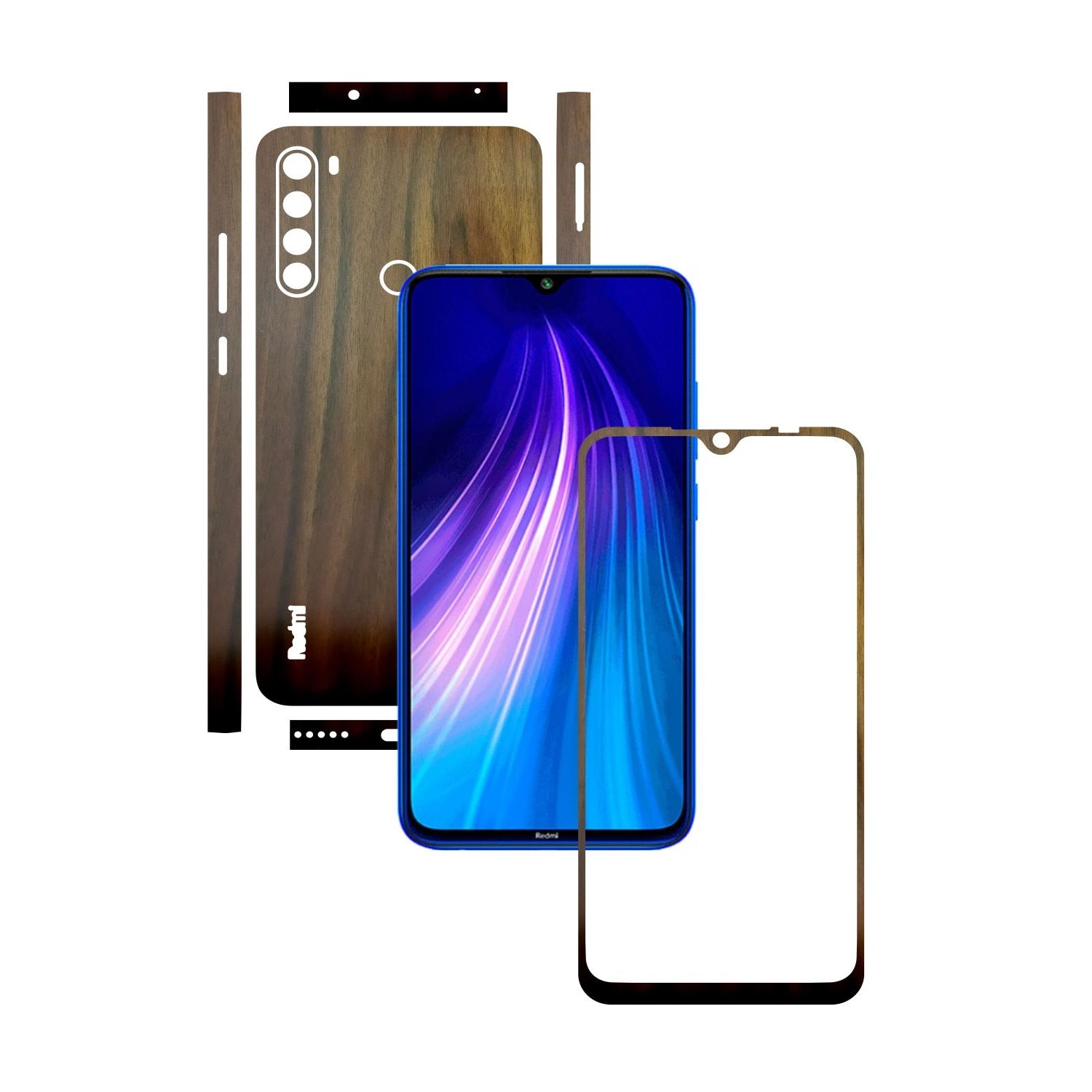 Folie Protectie Carbon Skinz pentru Xiaomi Redmi Note 8 - Lemn Nuc Split Cut, Skin Adeziv Full Body Cover pentru Rama Ecran, Carcasa Spate si Laterale