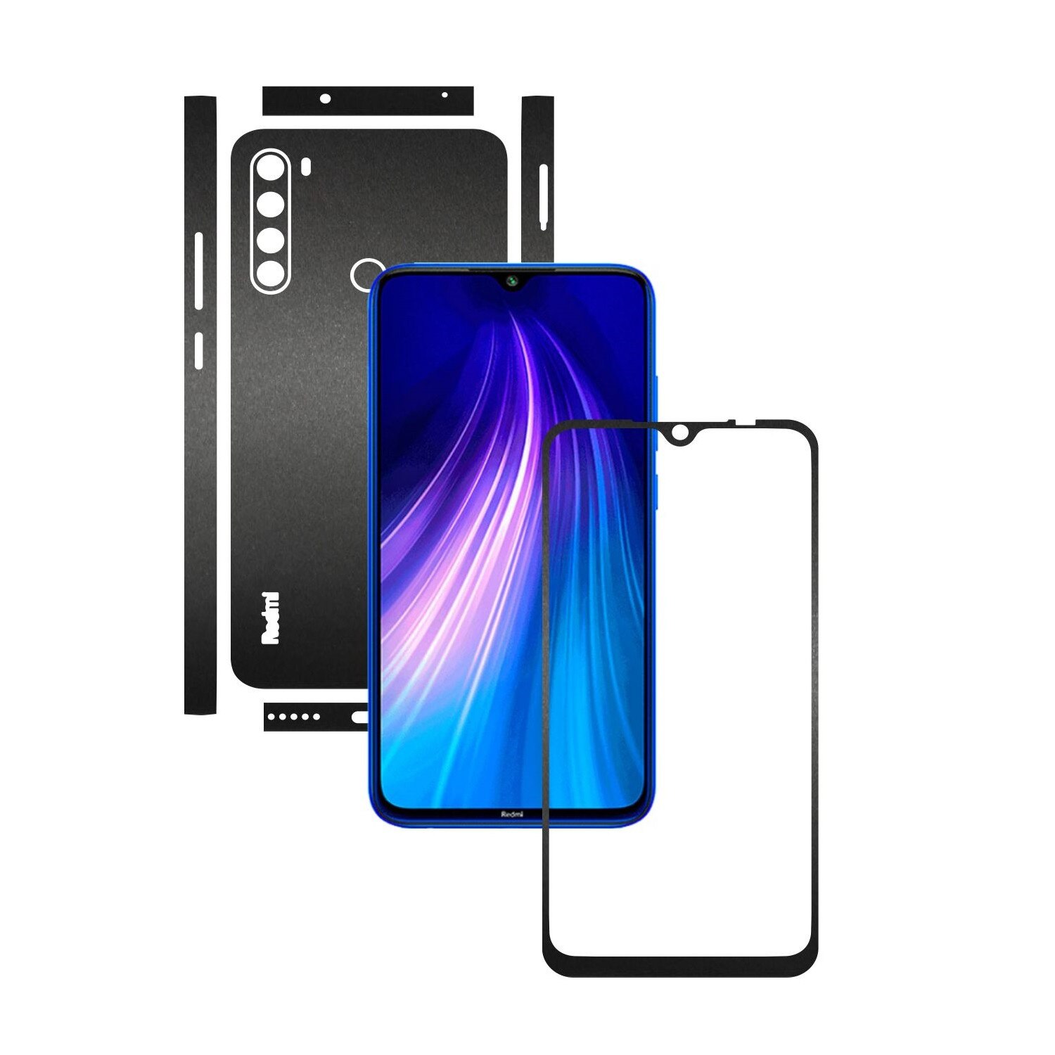 Folie Protectie Carbon Skinz pentru Xiaomi Redmi Note 8 - Negru Mat Split Cut, Skin Adeziv Full Body Cover pentru Rama Ecran, Carcasa Spate si Laterale