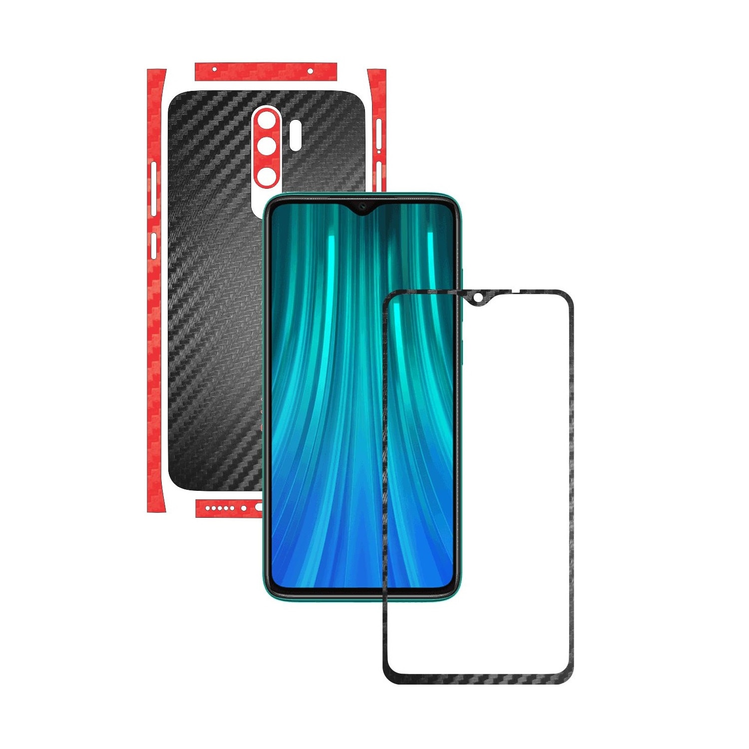 Folie Protectie Carbon Skinz pentru Xiaomi Redmi Note 8 Pro - Carbon Two Tone Negru / Rosu, Skin Adeziv Full Body Cover pentru Rama Ecran, Carcasa Spate si Laterale