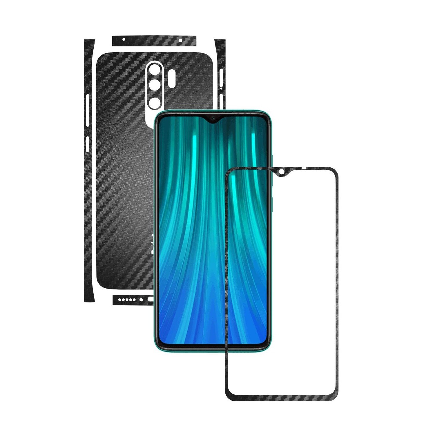 Folie Protectie Carbon Skinz pentru Xiaomi Redmi Note 8 Pro - Carbon Negru Split Cut, Skin Adeziv Full Body Cover pentru Rama Ecran, Carcasa Spate si Laterale