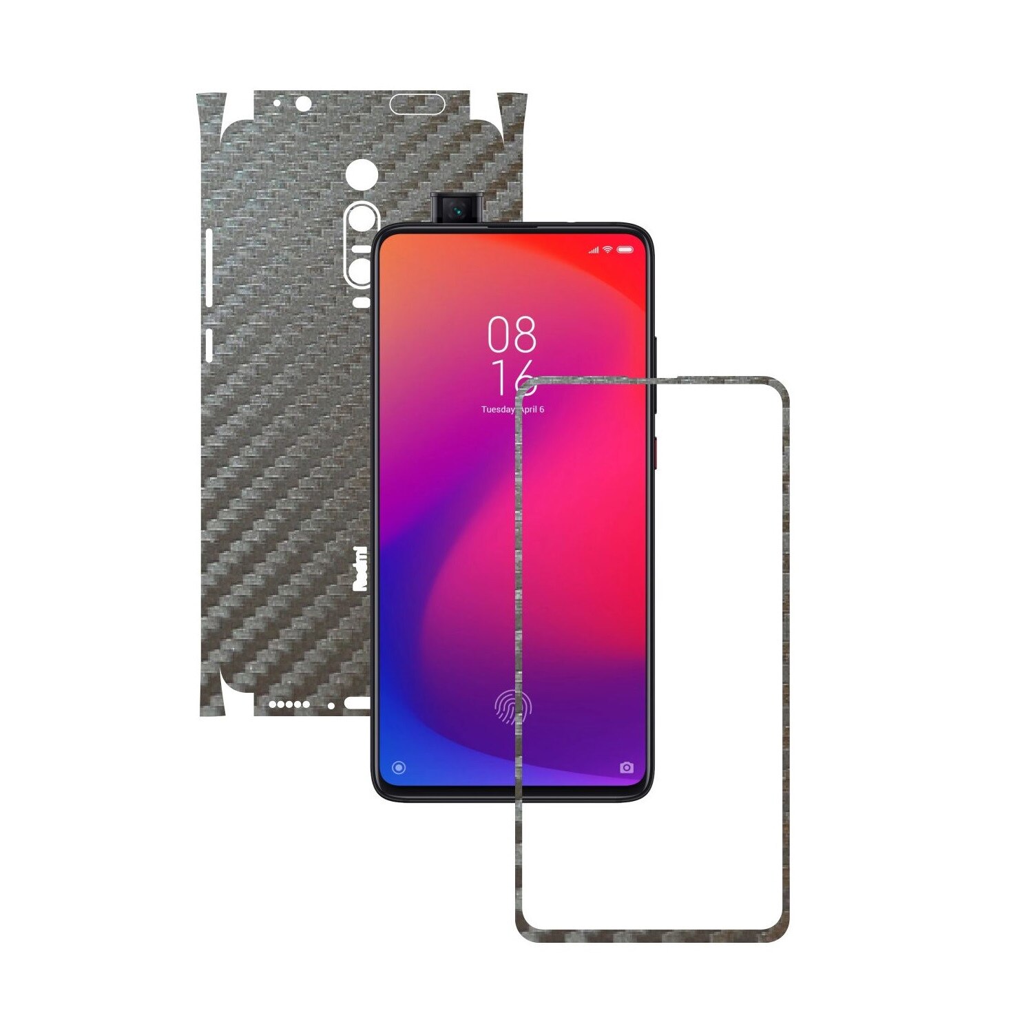 Folie Protectie Carbon Skinz pentru Xiaomi Redmi K20/ K20 Pro/ K20 Premium - Carbon Gri Argintiu 360 Cut, Skin Adeziv Full Body Cover pentru Rama Ecran, Carcasa Spate si Laterale