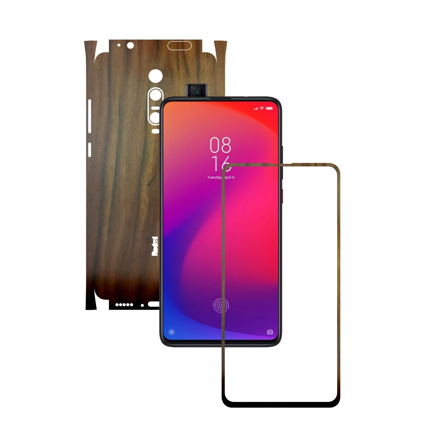 Folie Protectie Carbon Skinz pentru Xiaomi Redmi K20/ K20 Pro/ K20 Premium - Lemn Nuc 360 Cut, Skin Adeziv Full Body Cover pentru Rama Ecran, Carcasa Spate si Laterale