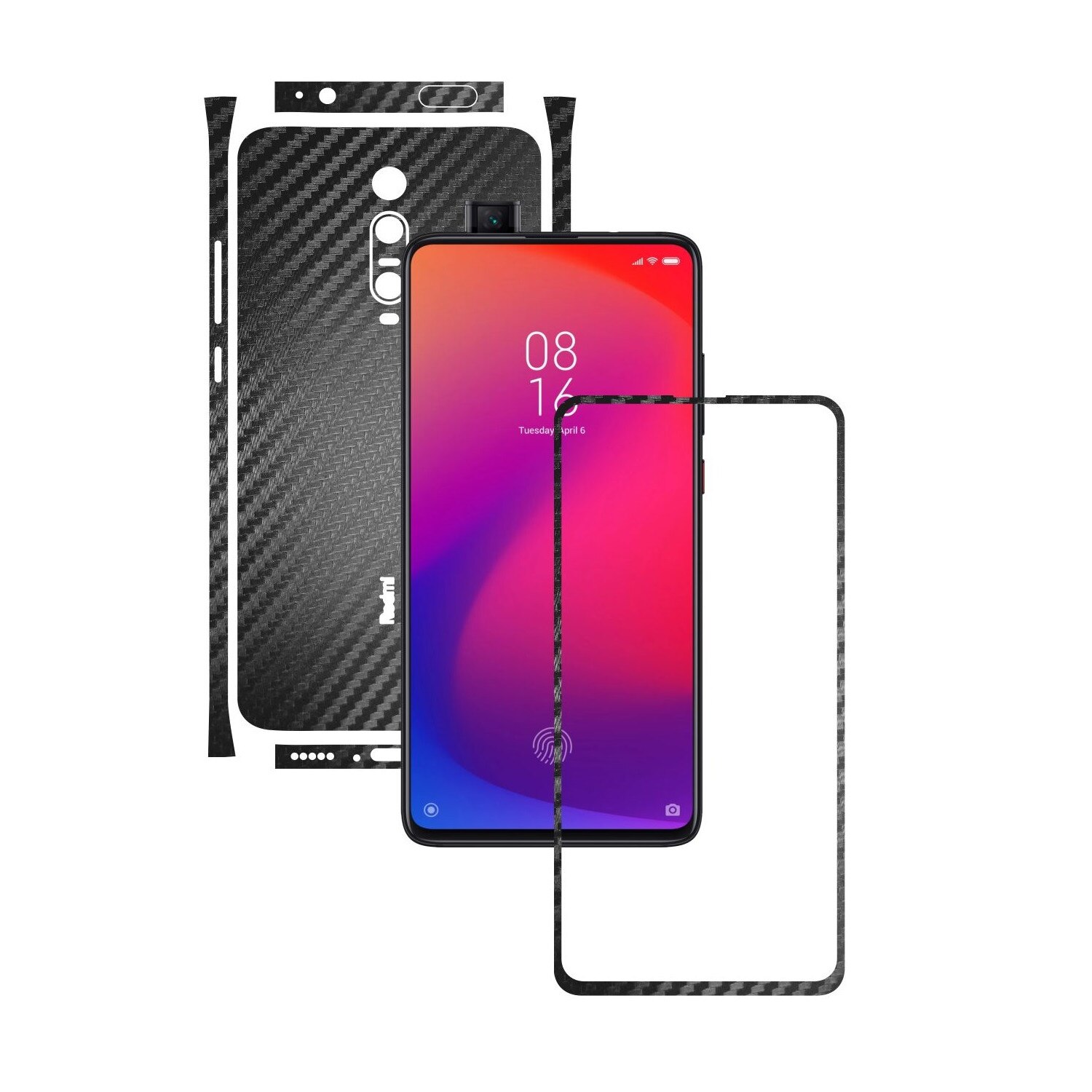 Folie Protectie Carbon Skinz pentru Xiaomi Redmi K20/ K20 Pro/ K20 Premium - Carbon Negru Split Cut, Skin Adeziv Full Body Cover pentru Rama Ecran, Carcasa Spate si Laterale