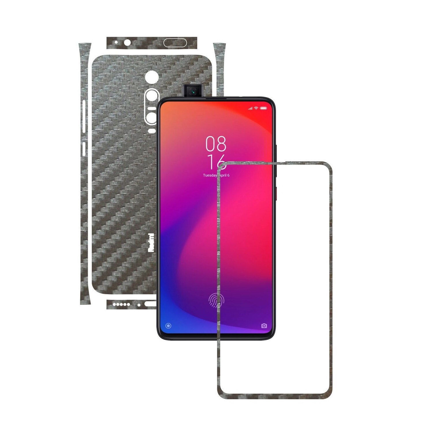 Folie Protectie Carbon Skinz pentru Xiaomi Redmi K20/ K20 Pro/ K20 Premium - Carbon Gri Argintiu Split Cut, Skin Adeziv Full Body Cover pentru Rama Ecran, Carcasa Spate si Laterale