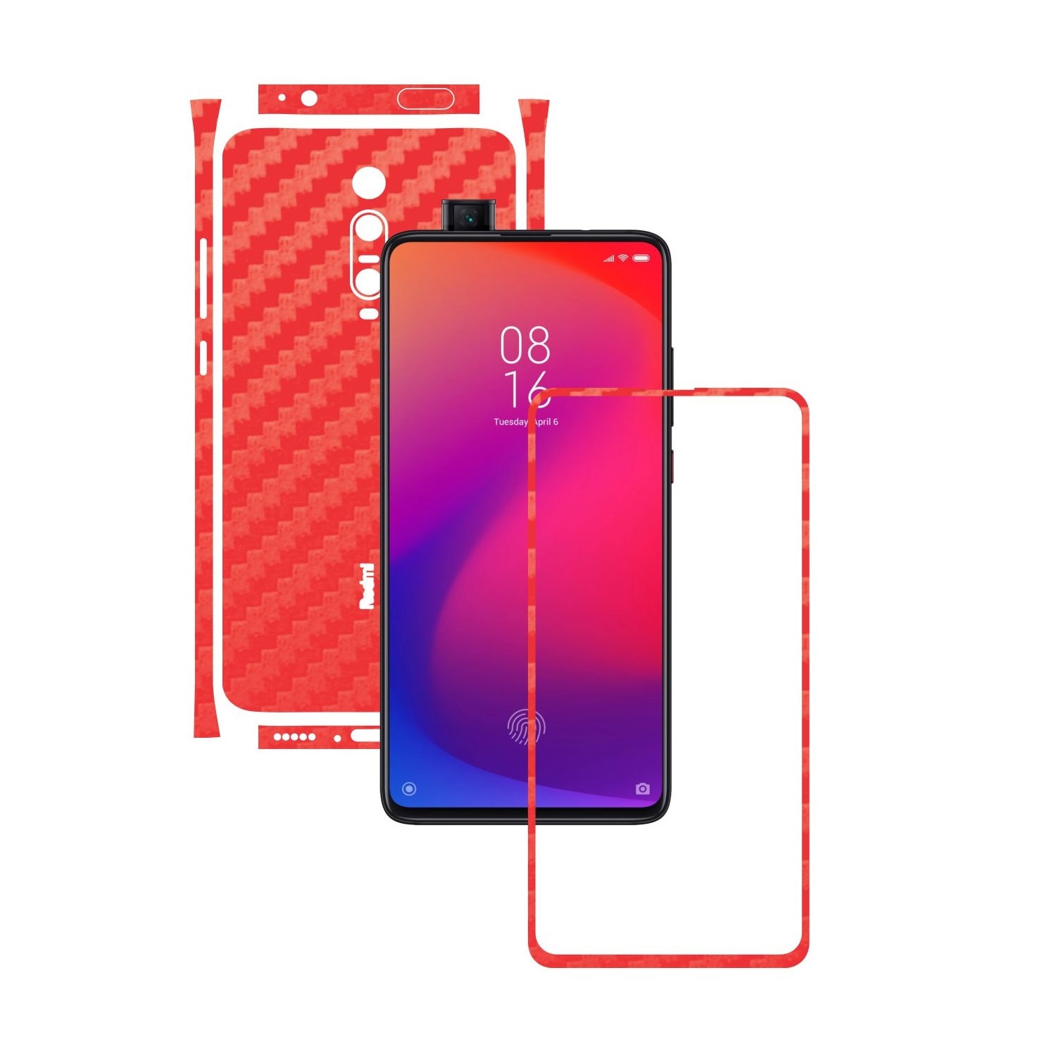 Folie Protectie Carbon Skinz pentru Xiaomi Redmi K20/ K20 Pro/ K20 Premium - Carbon Rosu Split Cut, Skin Adeziv Full Body Cover pentru Rama Ecran, Carcasa Spate si Laterale