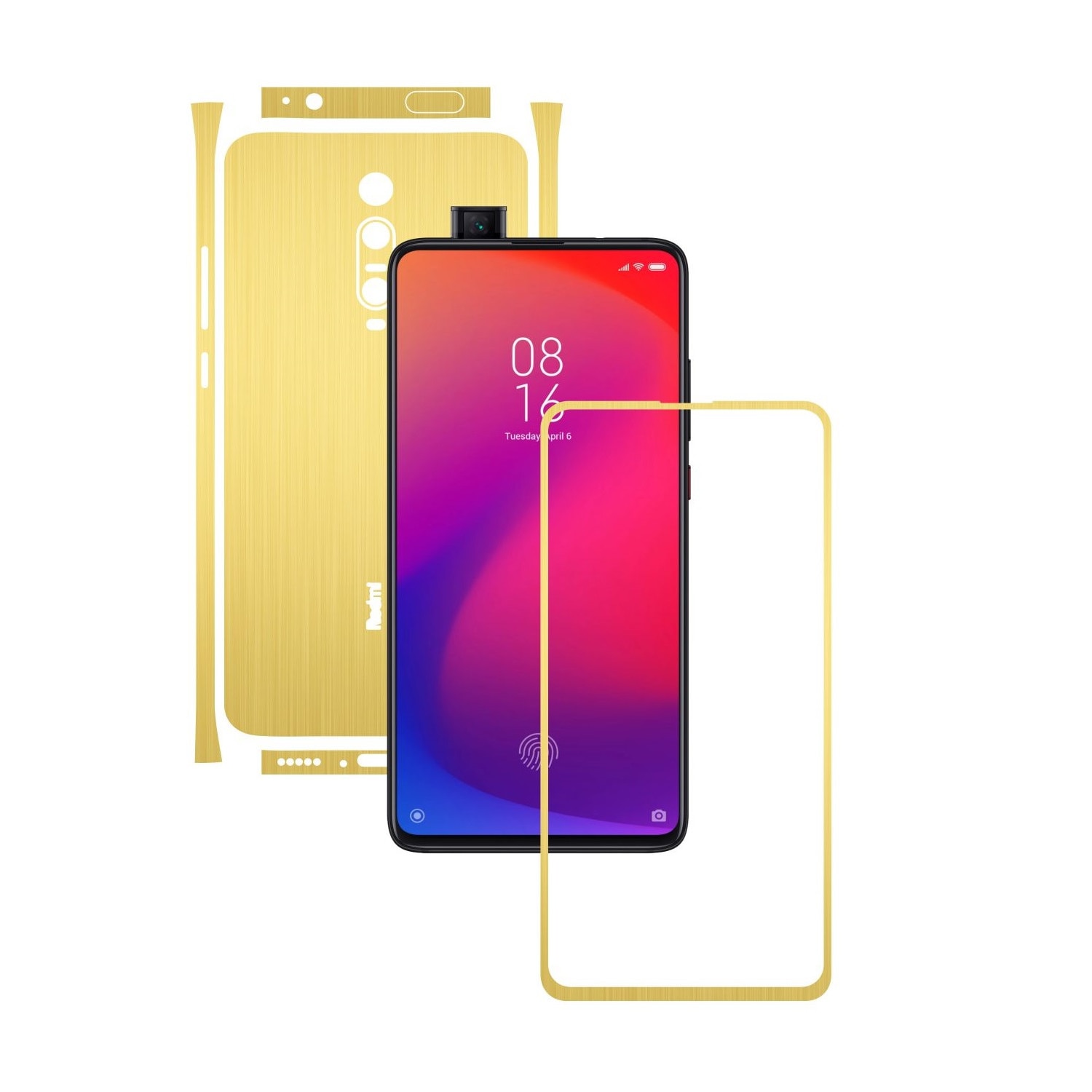 Folie Protectie Carbon Skinz pentru Xiaomi Redmi K20/ K20 Pro/ K20 Premium - Brushed Auriu Split Cut, Skin Adeziv Full Body Cover pentru Rama Ecran, Carcasa Spate si Laterale