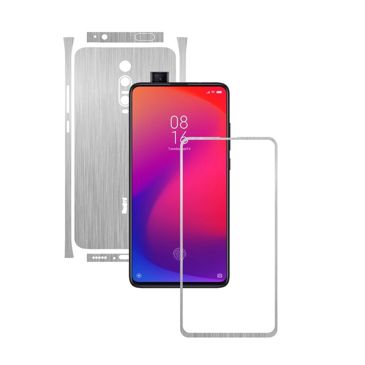 Carbon Skinz védőfólia Xiaomi Mi 9T / 9T Pro készülékekhez – szálcsiszolt ezüst, osztott vágás, teljes testet fedő tapadó bőr képernyőkerethez, hát- és oldaltokhoz