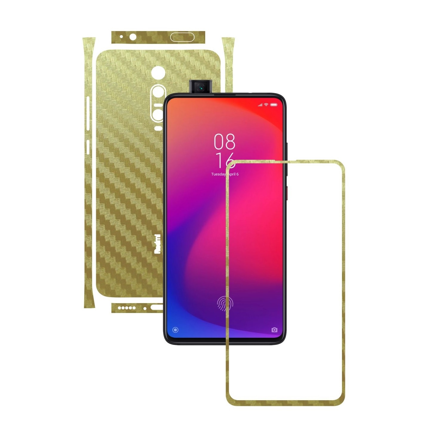 Folie Protectie Carbon Skinz pentru Xiaomi Mi 9T / 9T Pro - Carbon Auriu Split Cut, Skin Adeziv Full Body Cover pentru Rama Ecran, Carcasa Spate si Laterale