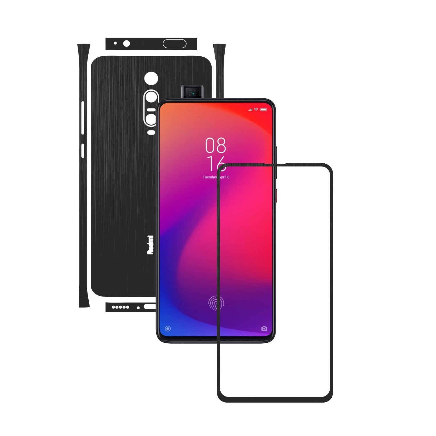 Folie Protectie Carbon Skinz pentru Xiaomi Mi 9T / 9T Pro - Brushed Negru Split Cut, Skin Adeziv Full Body Cover pentru Rama Ecran, Carcasa Spate si Laterale