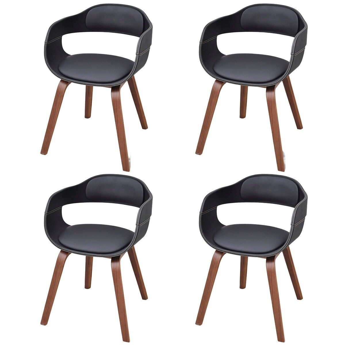 Set de 4 scaune de bucatarie cu spatar curbat si tapitat, vidaXL, Piele artificiala, Negru