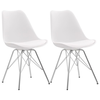 Set de 2 scaune de bucatarie, vidaXL, Alb si argintiu, otel si piele ecologica, 55,5 x 48 x 86 cm