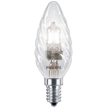 Bec halogen Philips, forma rasucita, E14, 28W (35W), Clar Bec halogen Philips, forma rasucita, E14, 28W (35W), Clar