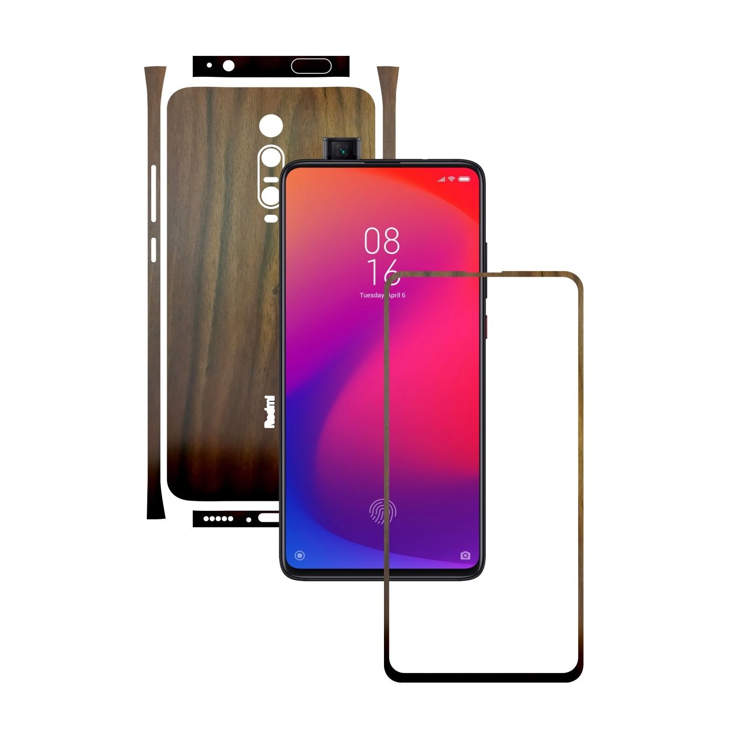 Folie Protectie Carbon Skinz pentru Xiaomi Mi 9T / 9T Pro - Lemn Nuc Split Cut, Skin Adeziv Full Body Cover pentru Rama Ecran, Carcasa Spate si Laterale