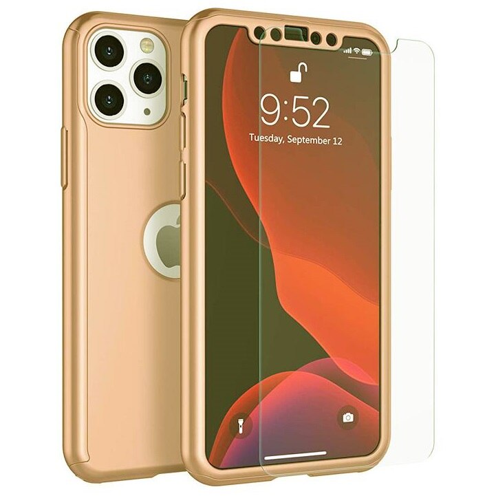 Husa Full Cover 360° (fata + spate + folie sticla) pentru iPhone 11 Pro, Gold