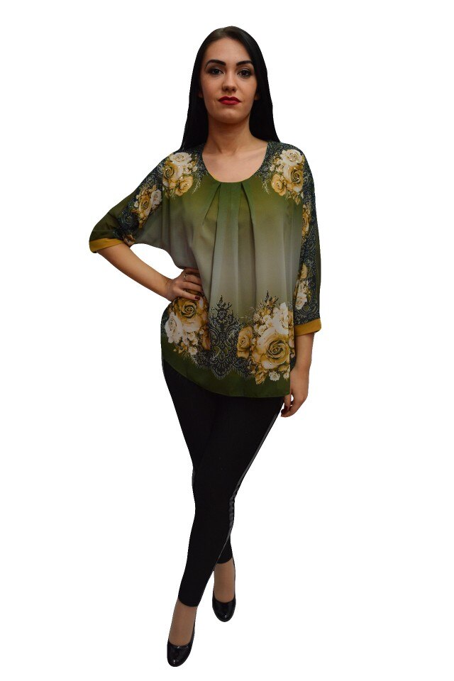 Bluza de ocazie cu imprimeu de flori fine,masura mare,D&J Exclusive, Kaki