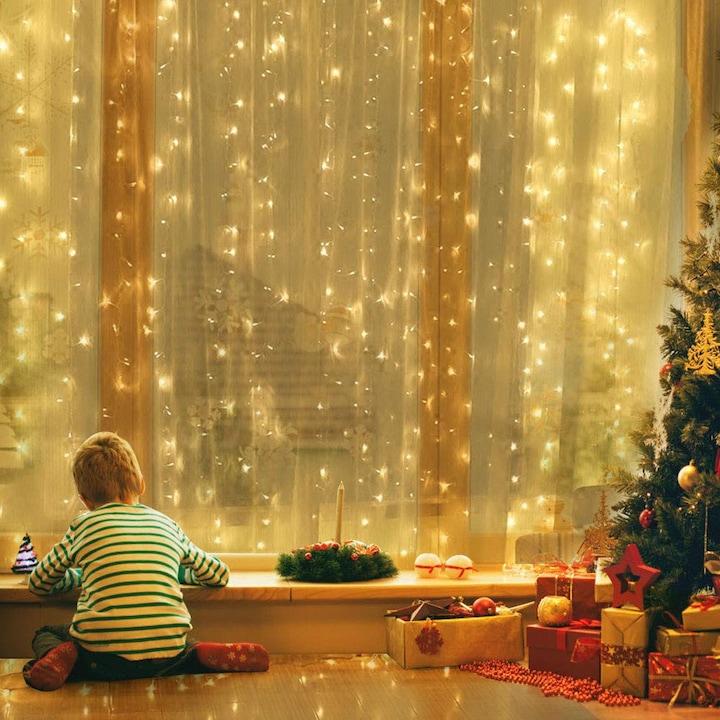 Lembo Karácsonyi fényfüggöny, 3 x 3 m, 300 db LED, 8 Világítási funkció, Meleg fény, Összekapcsolható, Kültérre/Beltérre