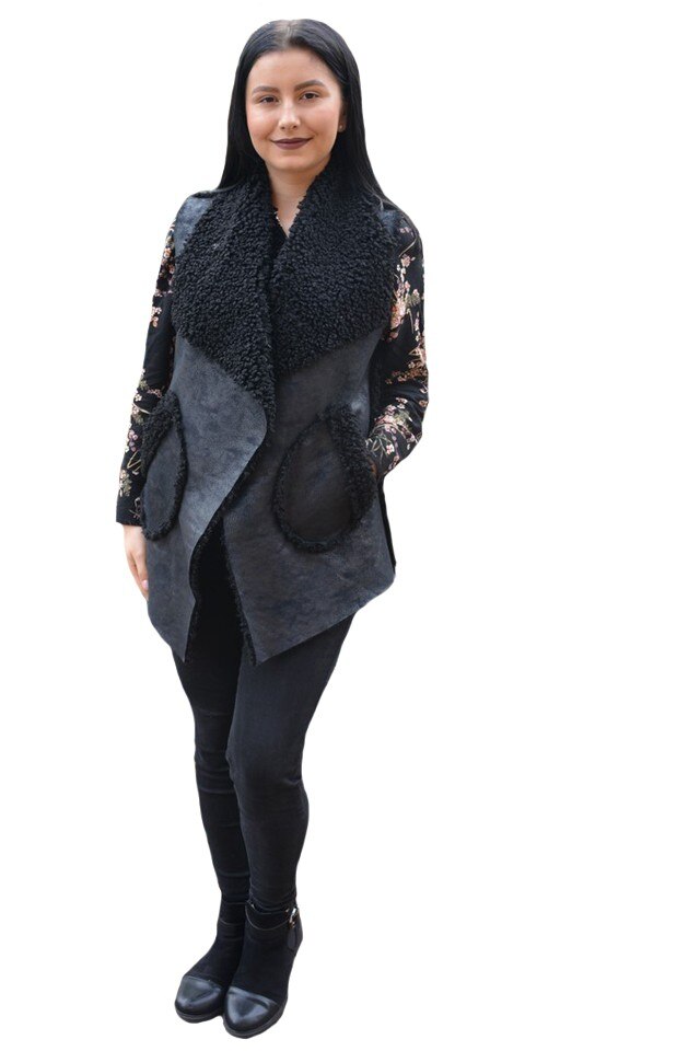 Vesta dama din,piele intoarsa ,croi asimetric ,D&J Exclusive, Negru/Gri
