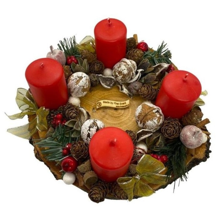 Decoratiune Advent Craciun, First Event, cu lumanari rosii, conuri, crengute brad artificial, nuci si scortisoara, multicolor, 17 cm x 15 cm