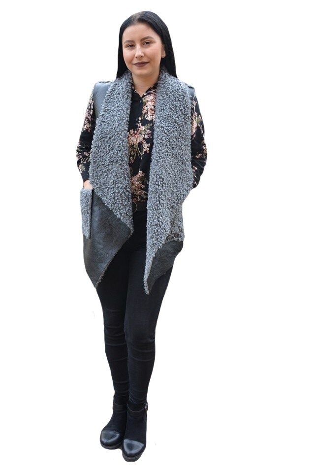 Vesta dama, din piele,croi asimetric,D&J Exclussive, Negru/Gri