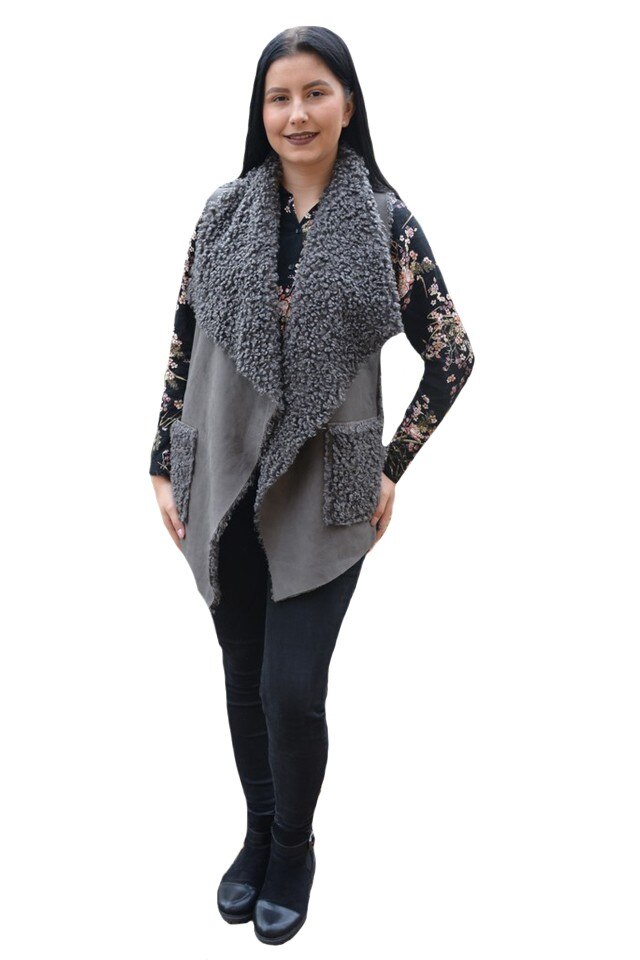 Vesta dama, din piele,croi asimetric,D&J Exclussive, Gri inchis