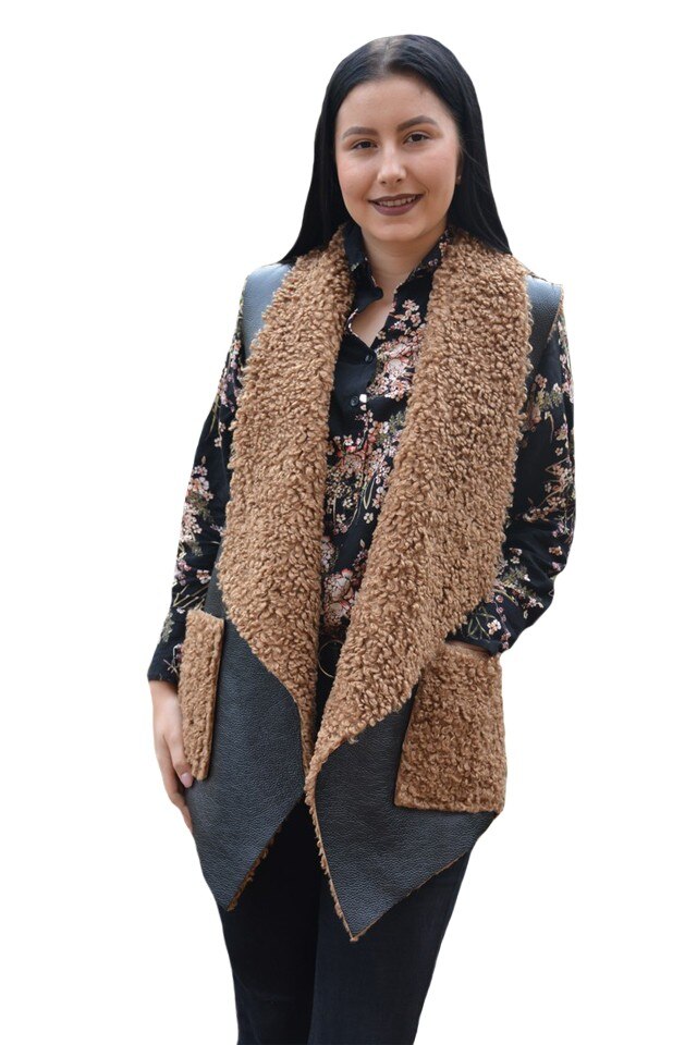 Vesta dama, din piele,croi asimetric,D&J Exclussive, Negru/Maro