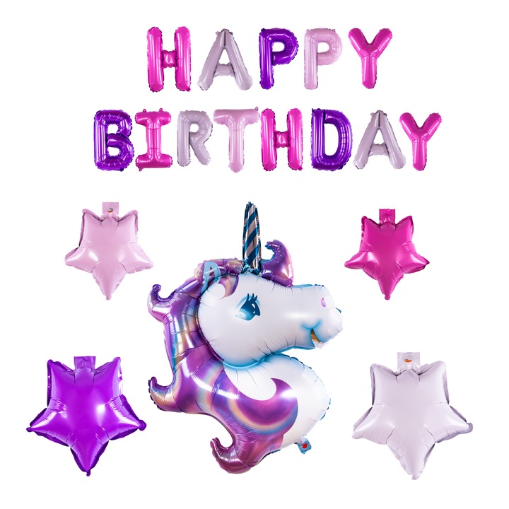 Set aniversar de baloane Cute Unicorn, Addagifts, baloane folie, culori mov, roz