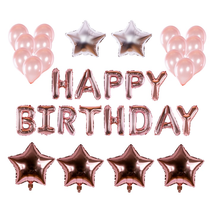 OEM Addagifts Happy Birthday lufi készlet, fólia és latex lufi, ezüst / rózsa arany szín