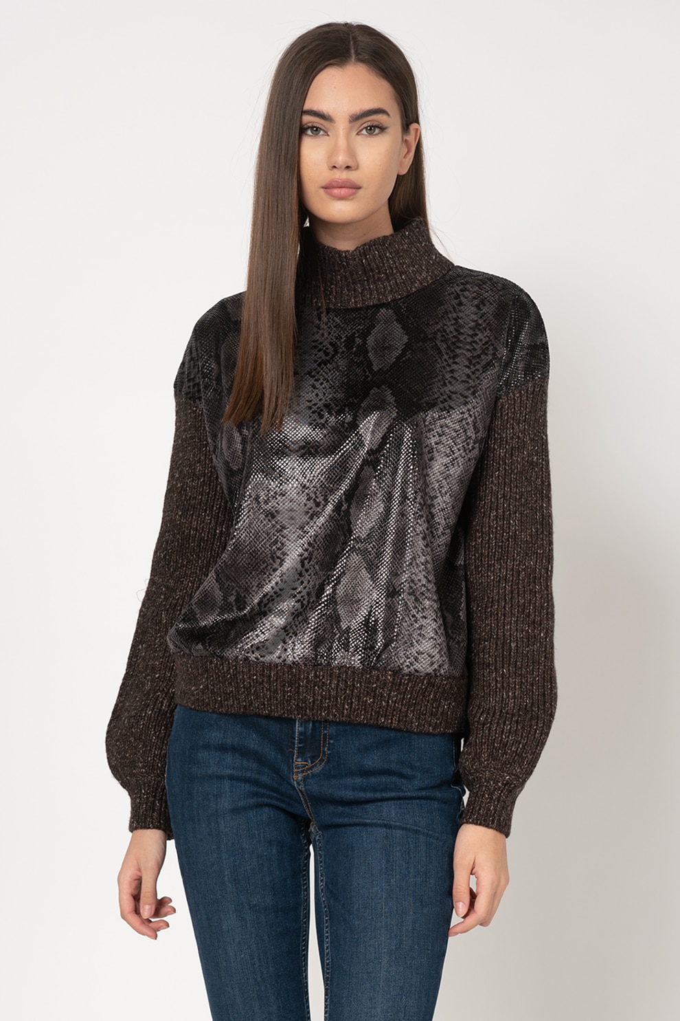 GUESS BY MARCIANO, Pulover cu segmente cu model de piele de sarpe, Gri/Negru/Maro, L